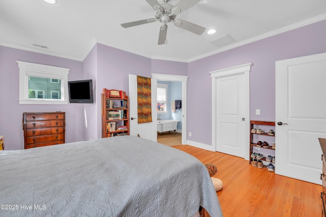 2013 Adams St, Wilmington, NC 28401 - bedroom featuring light wood-type flooring, crown molding, recessed lighting, ceiling fan, and baseboards