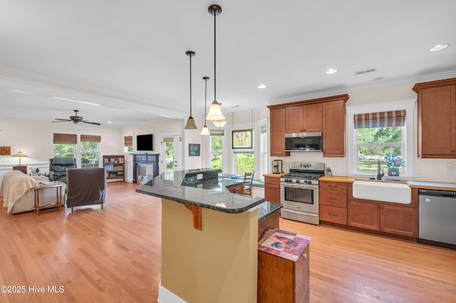 2013 Adams St, Wilmington, NC 28401 - kitchen featuring stainless steel appliances, a sink, light wood-style flooring, brown cabinetry, and healthy amount of natural light