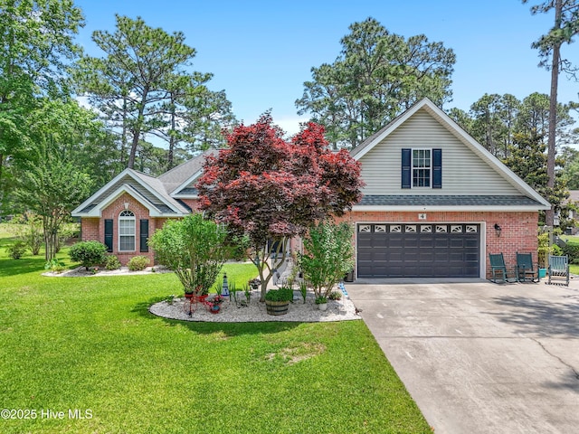 4 Golf Crest Ct, Carolina Shores, NC 28467 - traditional-style home featuring brick siding, concrete driveway, a front yard, and an attached garage