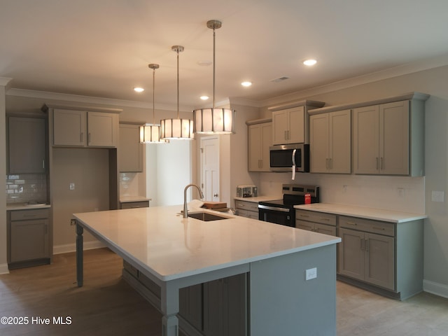 309 River Oats Ct, Holly Ridge, NC 28445 - kitchen featuring stainless steel appliances, gray cabinetry, crown molding, tasteful backsplash, and an island with sink