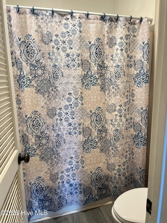 1076 Corbett Town Rd, Snow Hill, NC 28580 - bathroom with toilet, wood finished floors, and a shower with curtain