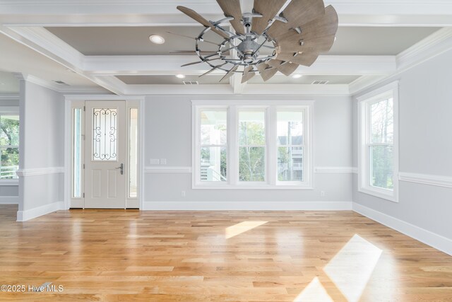 110 Dow Rd N, Carolina Beach, NC 28428 - entryway featuring ornamental molding, light wood-style floors, baseboards, beamed ceiling, and coffered ceiling