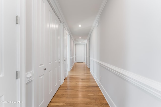 110 Dow Rd N, Carolina Beach, NC 28428 - hall featuring recessed lighting, attic access, light wood-type flooring, and crown molding