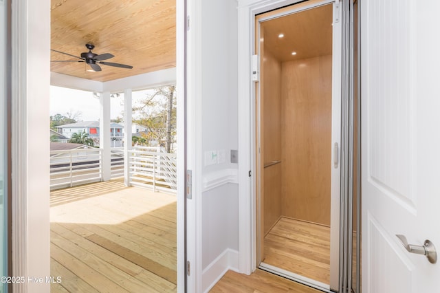 110 Dow Rd N, Carolina Beach, NC 28428 - entryway with elevator, wood finished floors, ceiling fan, and wooden ceiling