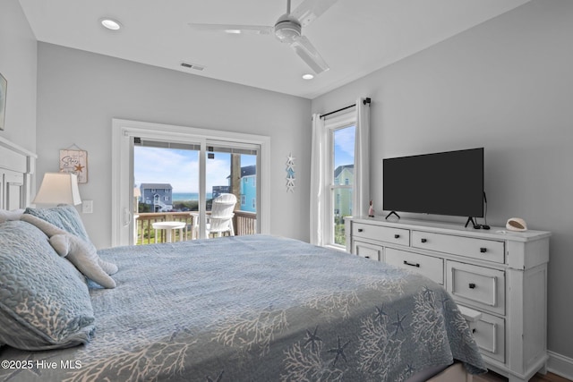 1905 Emerald Dr, Emerald Isle, NC 28594 - bedroom featuring access to outside, ceiling fan, recessed lighting, baseboards, and wood finished floors