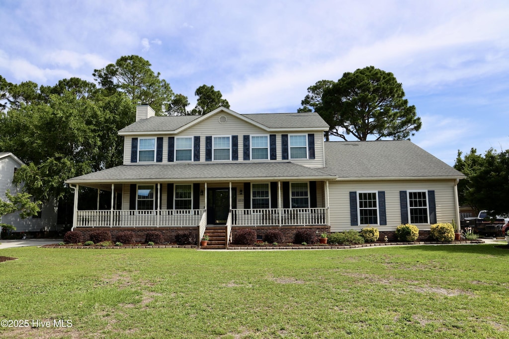 1212 Williamsburg Ct, Wilmington, NC 28411 - colonial home featuring covered porch, a chimney, a front yard, and roof with shingles