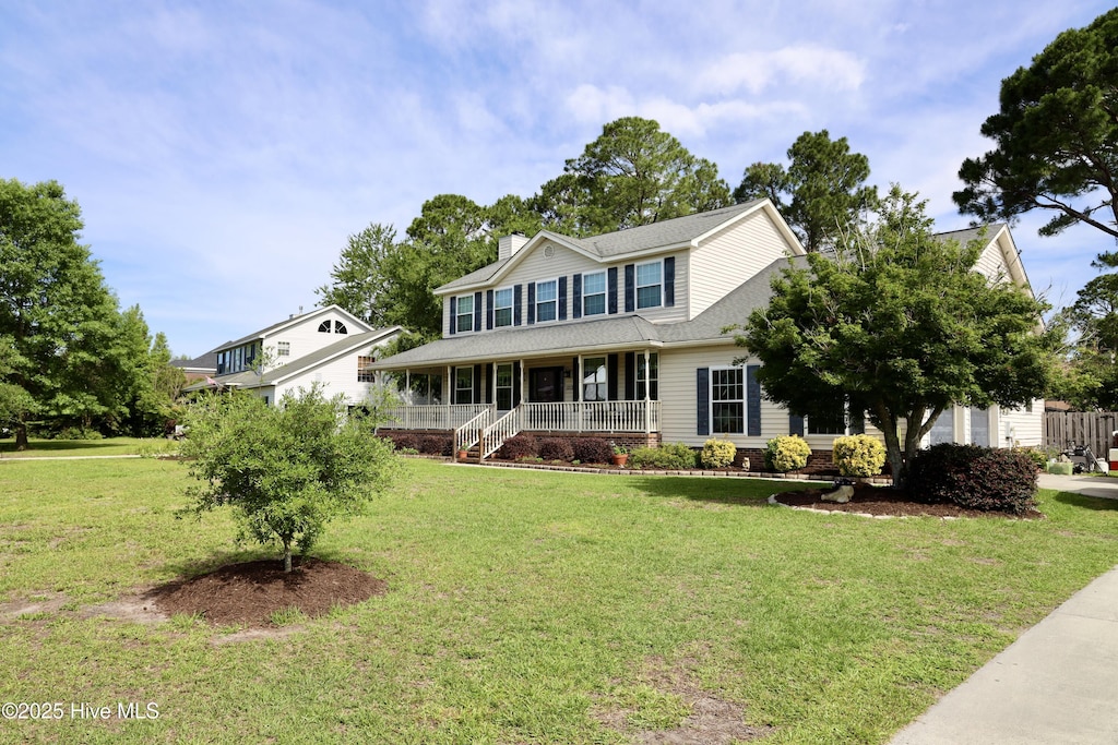 1212 Williamsburg Ct, Wilmington, NC 28411 - view of front of property featuring a porch, a front yard, a chimney, and a shingled roof