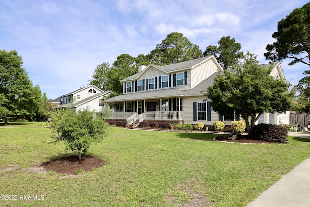 1212 Williamsburg Ct, Wilmington, NC 28411 - view of front of property featuring a porch, a front yard, a chimney, and a shingled roof