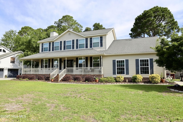 1212 Williamsburg Ct, Wilmington, NC 28411 - view of front of property with covered porch, a chimney, a garage, and a front lawn