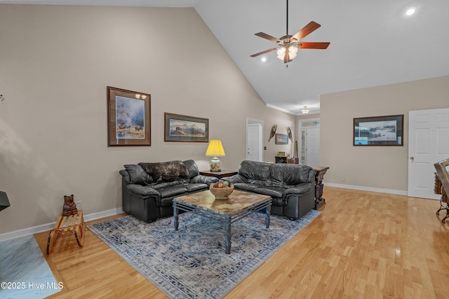 550 Sunset Lakes Blvd SW, Sunset Beach, NC 28468 - living room featuring high vaulted ceiling, a ceiling fan, baseboards, light wood-style flooring, and recessed lighting