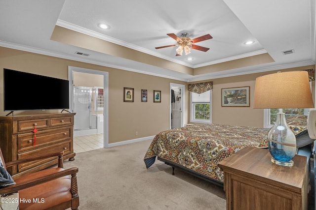550 Sunset Lakes Blvd SW, Sunset Beach, NC 28468 - bedroom featuring a raised ceiling, ornamental molding, light carpet, recessed lighting, and ensuite bathroom