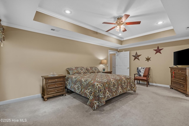 550 Sunset Lakes Blvd SW, Sunset Beach, NC 28468 - bedroom featuring a tray ceiling, crown molding, light carpet, recessed lighting, and baseboards