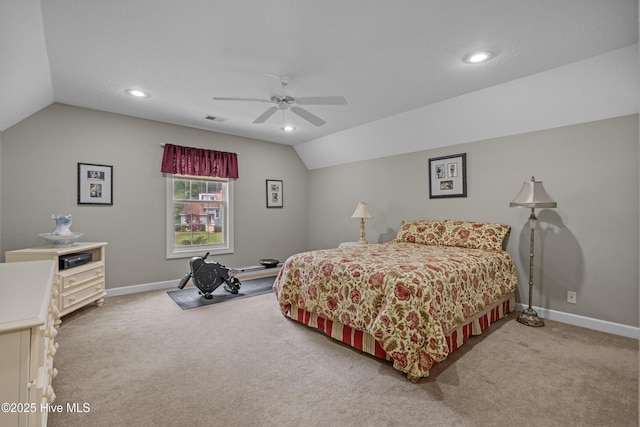 550 Sunset Lakes Blvd SW, Sunset Beach, NC 28468 - carpeted bedroom featuring lofted ceiling, recessed lighting, baseboards, and a ceiling fan