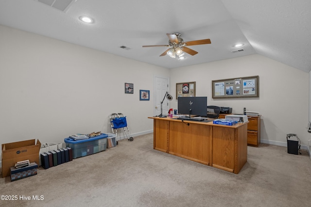 550 Sunset Lakes Blvd SW, Sunset Beach, NC 28468 - office with ceiling fan, light carpet, baseboards, lofted ceiling, and recessed lighting