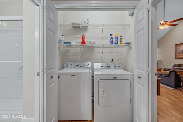 550 Sunset Lakes Blvd SW, Sunset Beach, NC 28468 - laundry area with washing machine and dryer, ceiling fan, and light wood finished floors