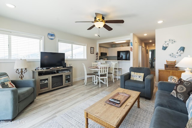 1437 Fort Fisher Blvd S Unit D3, Kure Beach, NC 28449 - living room featuring a ceiling fan, light wood-style floors, recessed lighting, and baseboards