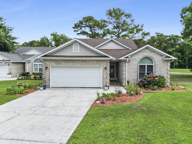 106 N Shore Dr, Sneads Ferry, NC 28460 - ranch-style house with a garage, concrete driveway, a front yard, brick siding, and a shingled roof