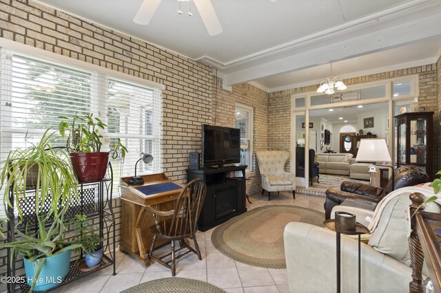 106 N Shore Dr, Sneads Ferry, NC 28460 - living area with brick wall, wood finished floors, a chandelier, and lofted ceiling