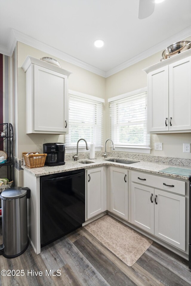 106 N Shore Dr, Sneads Ferry, NC 28460 - kitchen with black appliances, crown molding, white cabinetry, ceiling fan, and light stone countertops