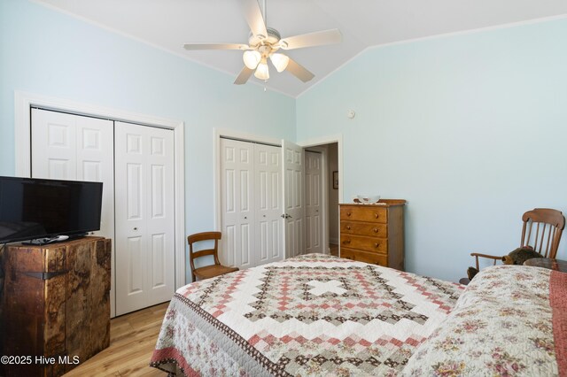 106 N Shore Dr, Sneads Ferry, NC 28460 - bedroom with light wood finished floors, lofted ceiling, multiple closets, and a ceiling fan