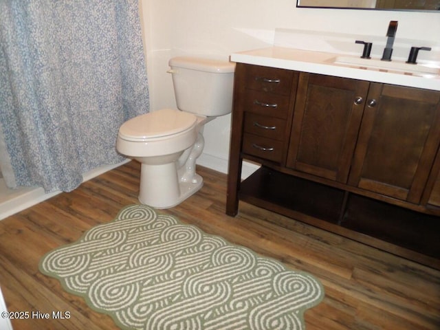 108 Swan Point Rd, Bayboro, NC 28515 - bathroom with vanity, toilet, wood finished floors, and a shower with curtain