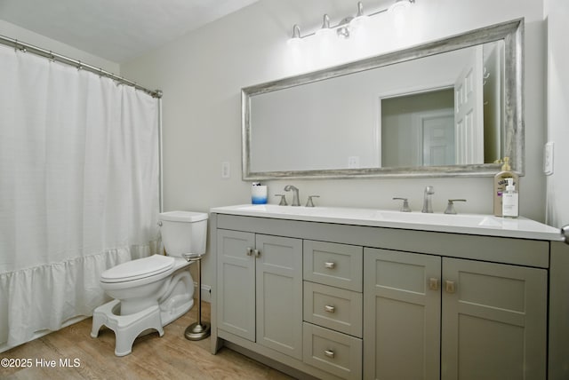 118 Stedman Ln E, Elizabeth City, NC 27909 - bathroom with toilet, wood finished floors, double vanity, and a shower with curtain
