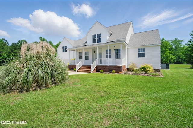 118 Stedman Ln E, Elizabeth City, NC 27909 - view of front of property with covered porch, central air condition unit, roof with shingles, a front lawn, and crawl space