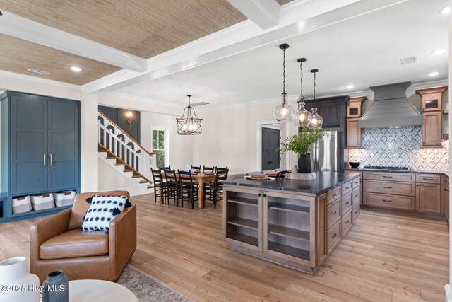 412 Keziah St, Oak Island, NC 28465 - kitchen featuring custom exhaust hood, appliances with stainless steel finishes, beamed ceiling, glass insert cabinets, and dark countertops