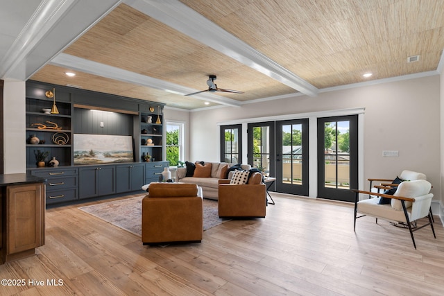 412 Keziah St, Oak Island, NC 28465 - living room featuring a ceiling fan, crown molding, light wood-type flooring, wooden ceiling with exposed beams, and recessed lighting