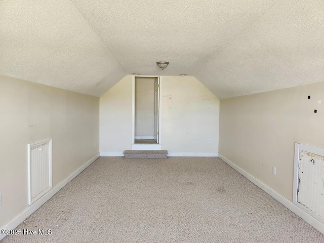 5702 Whichard Rd, Stokes, NC 27884 - bonus room featuring a textured ceiling, carpet floors, vaulted ceiling, and baseboards