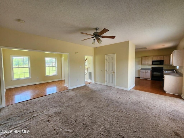 5702 Whichard Rd, Stokes, NC 27884 - unfurnished living room featuring carpet floors, a sink, baseboards, and a textured ceiling