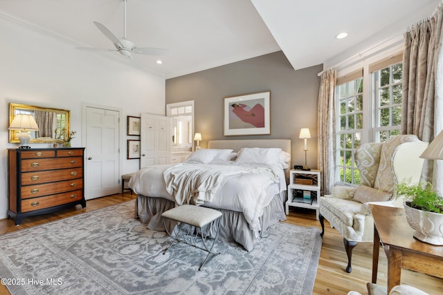 8300 Fazio Dr, Wilmington, NC 28411 - bedroom with ornamental molding, wood finished floors, recessed lighting, and ceiling fan