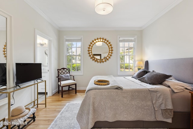 8300 Fazio Dr, Wilmington, NC 28411 - bedroom featuring multiple windows, ornamental molding, light wood-type flooring, and baseboards