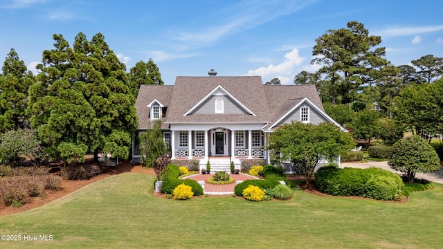 8300 Fazio Dr, Wilmington, NC 28411 - view of front of home featuring a front lawn, a chimney, and covered porch