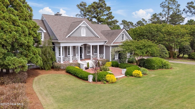 8300 Fazio Dr, Wilmington, NC 28411 - view of front of property featuring a porch, a front yard, roof with shingles, and a chimney