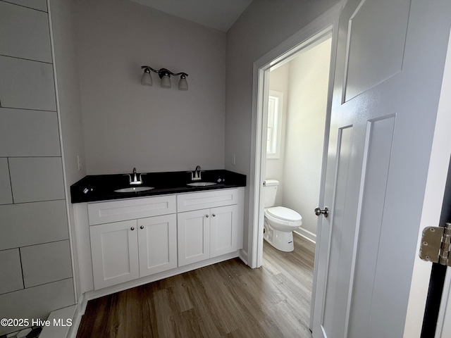 158 Texas Rd, Shiloh, NC 27974 - bathroom featuring wood finished floors, toilet, double vanity, and baseboards