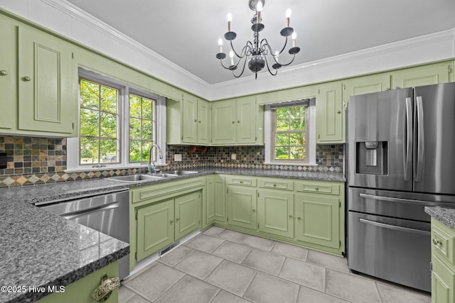 1510 Lucerne Way, New Bern, NC 28560 - kitchen with appliances with stainless steel finishes, green cabinets, and ornamental molding