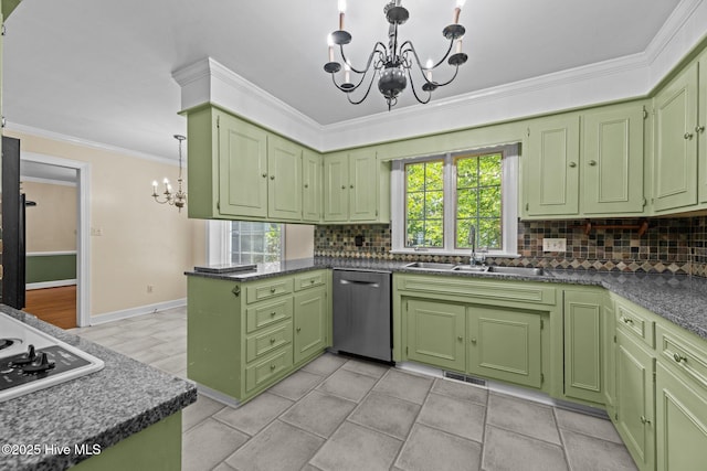 1510 Lucerne Way, New Bern, NC 28560 - kitchen with green cabinets, a chandelier, stainless steel appliances, a sink, and backsplash