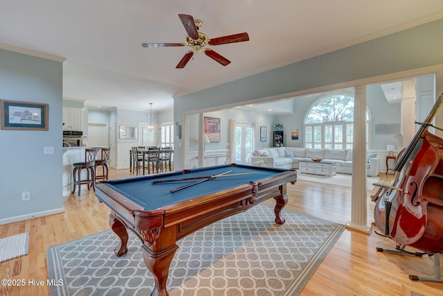 809 Berwyn Rd, Wilmington, NC 28409 - game room featuring ceiling fan, billiards, light wood-type flooring, crown molding, and baseboards