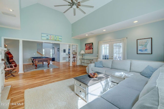 809 Berwyn Rd, Wilmington, NC 28409 - living room with billiards table, french doors, a ceiling fan, light wood-style flooring, and high vaulted ceiling