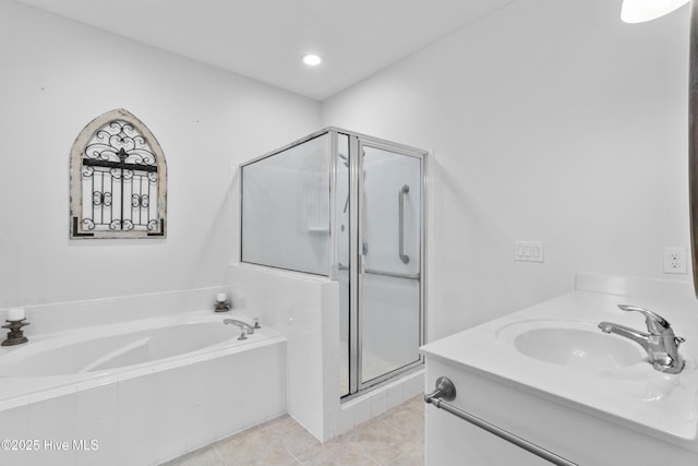 1434 Wagon Ct, Wilmington, NC 28412 - bathroom featuring a garden tub, a stall shower, and vanity