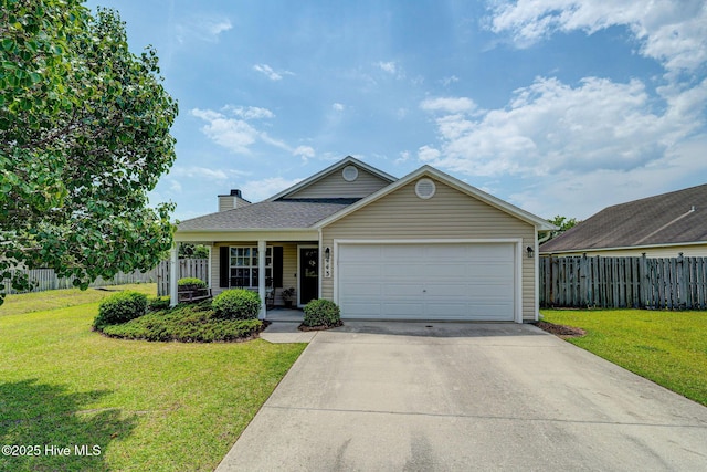 443 Foxfield Ct, Wilmington, NC 28411 - view of front of house featuring concrete driveway, a chimney, a garage, and covered porch
