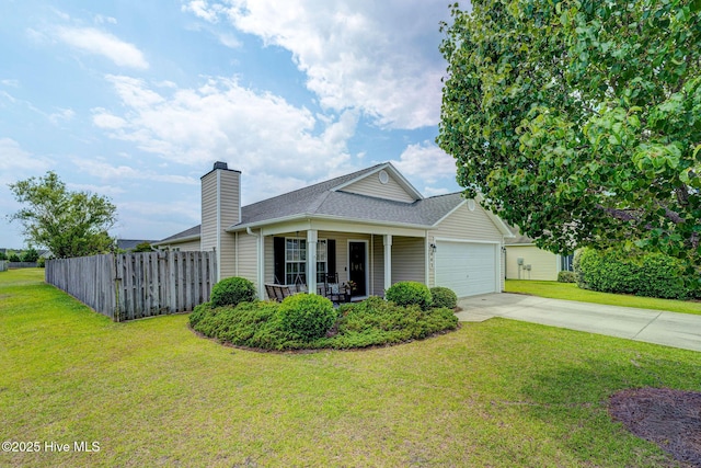 443 Foxfield Ct, Wilmington, NC 28411 - view of front of property featuring concrete driveway, an attached garage, covered porch, a chimney, and roof with shingles