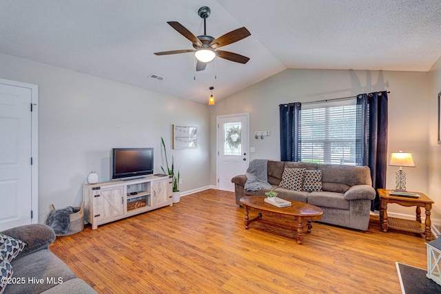 443 Foxfield Ct, Wilmington, NC 28411 - living room with ceiling fan, wood finished floors, lofted ceiling, and baseboards