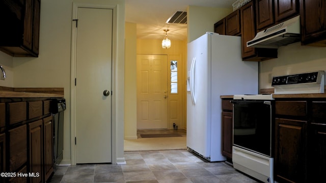 1819 Caracara Dr, New Bern, NC 28560 - kitchen with electric range oven, under cabinet range hood, dark brown cabinetry, and baseboards