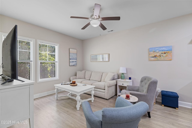 210 N Stingray Ln, Sneads Ferry, NC 28460 - living room featuring light wood-type flooring, baseboards, and ceiling fan