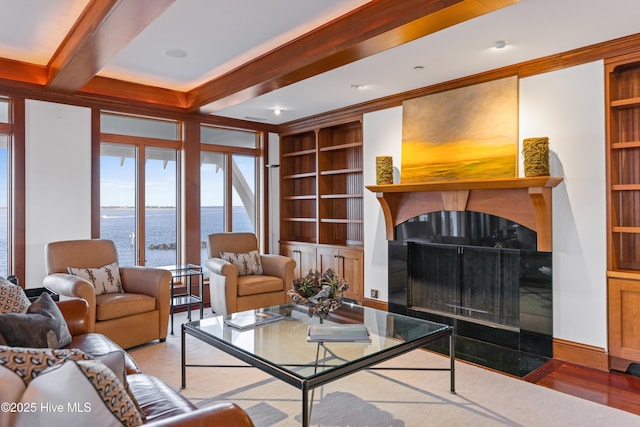 218 Row Boat Row, Bald Head Island, NC 28461 - living room with a fireplace with flush hearth, a water view, beamed ceiling, built in shelves, and wood finished floors