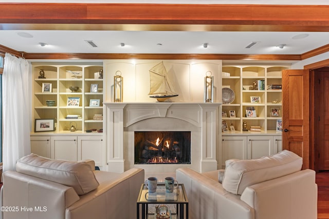 218 Row Boat Row, Bald Head Island, NC 28461 - living area with a premium fireplace and wood finished floors
