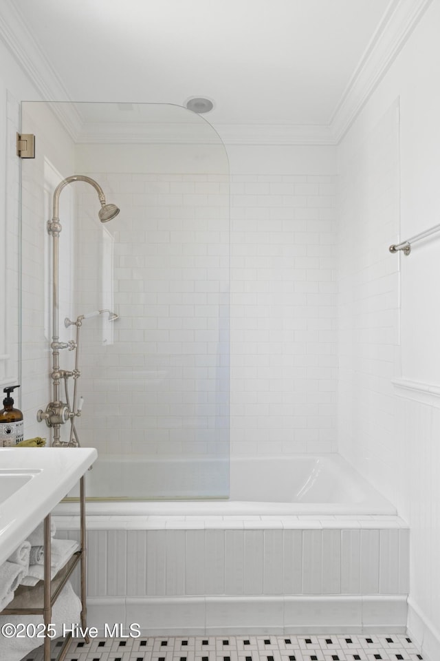 218 Row Boat Row, Bald Head Island, NC 28461 - bathroom with ornamental molding and tiled shower / bath combo