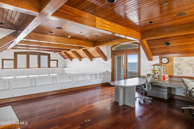 218 Row Boat Row, Bald Head Island, NC 28461 - office space with wood ceiling with exposed beams, built in study area, wood finished floors, and french doors